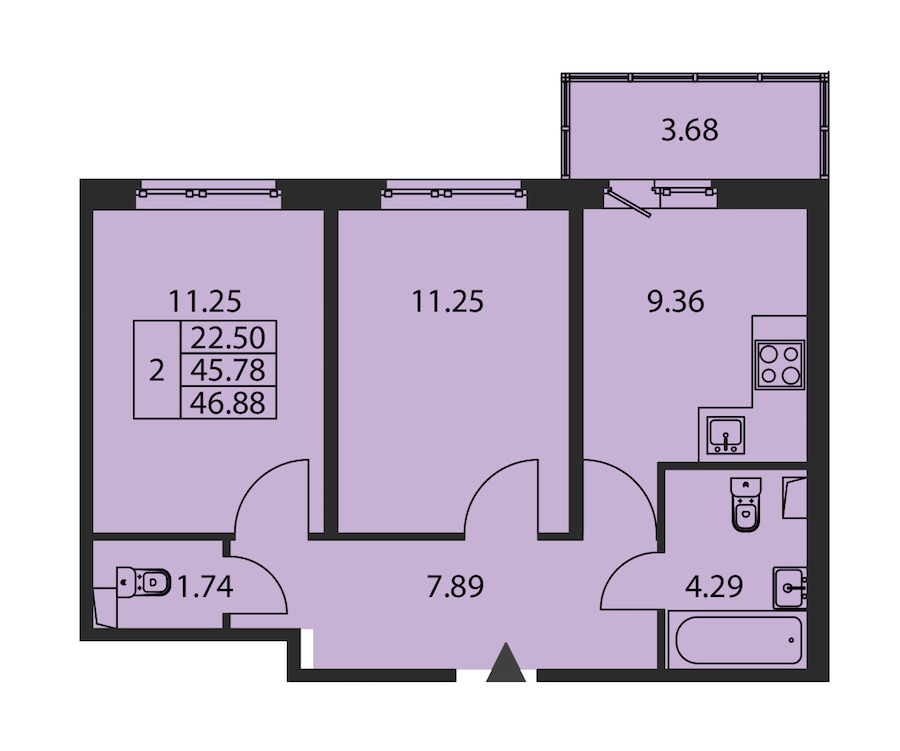 2-комнатная квартира 45.78 м², 1/12 эт., ЖК «Полис ЛАВрики»